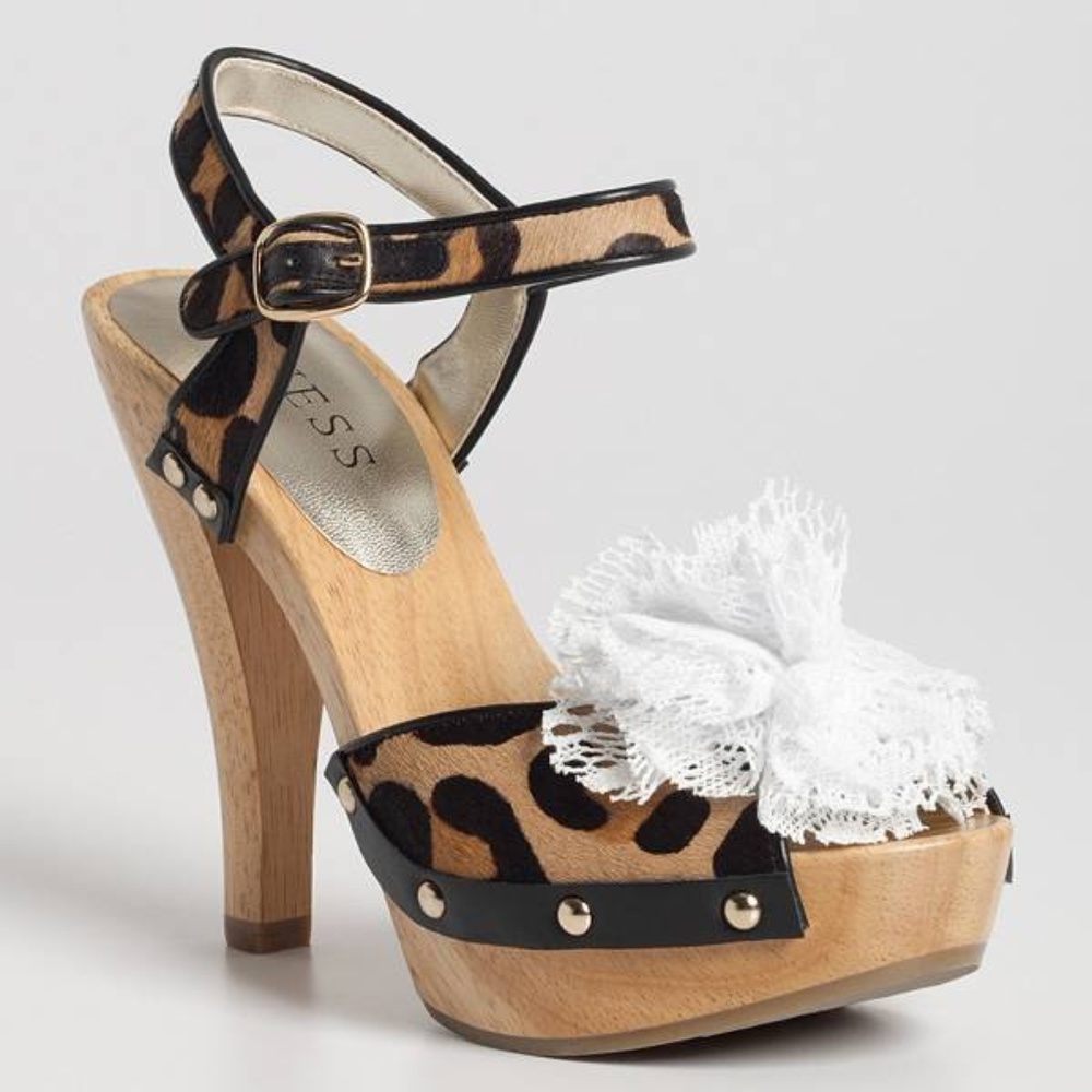 GUESS!! VELARE ANIMAL PRINT NETTED ROSETTE HEELS